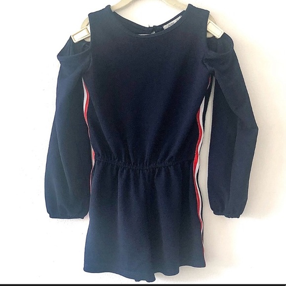 Pinc Premium navy blue cold shoulder romper varsity stripe down sides, Medium - Picture 9 of 9